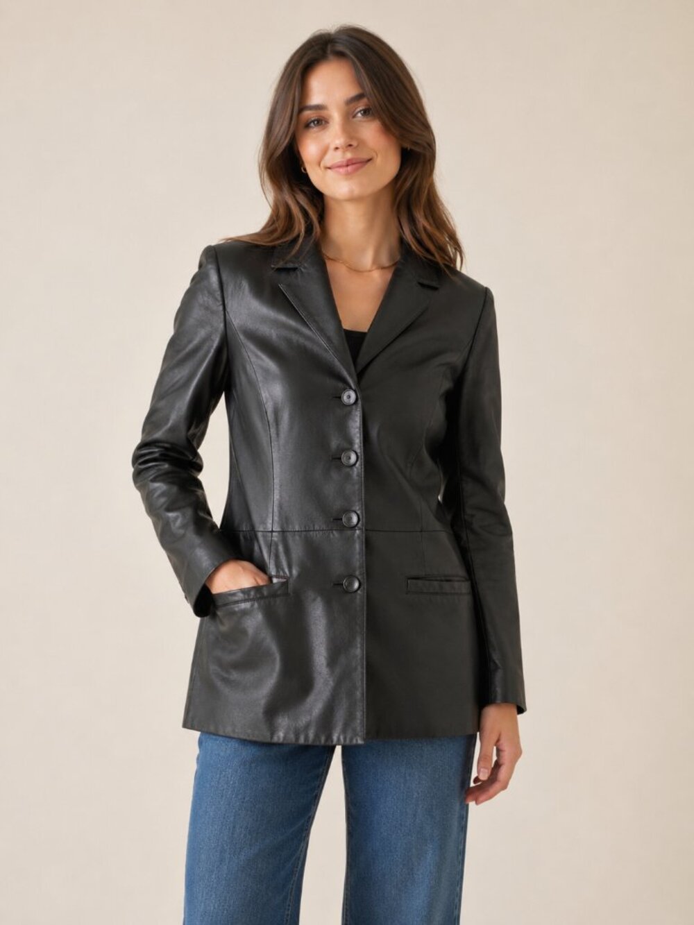 Danier Black Real Leather Tailored Button-Front Jacket Women's Size Small